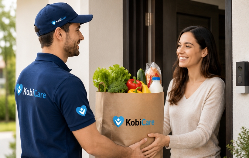 Professional errand helper delivering groceries to a customer