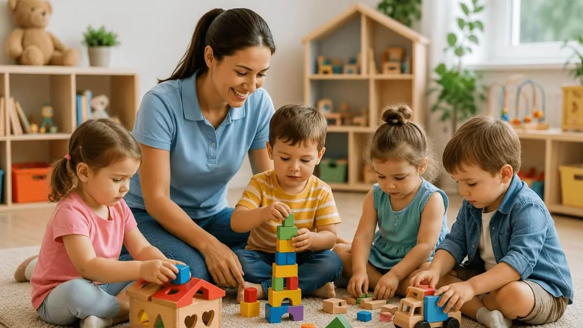Professional daycare provider caring for young children in a safe learning environment.
