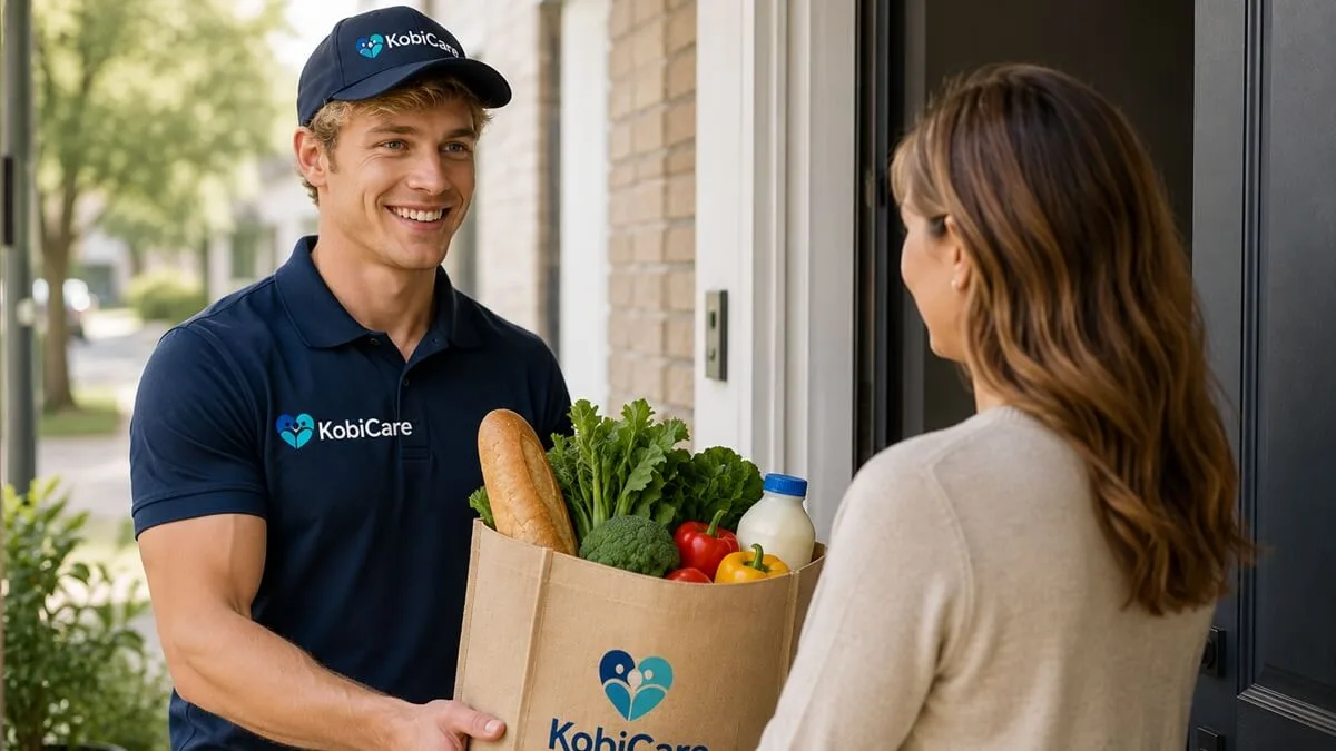 Professional errand helper delivering groceries to a customer