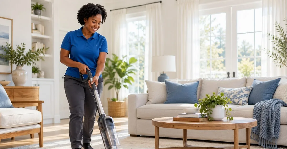 Professional house cleaner providing detailed home cleaning