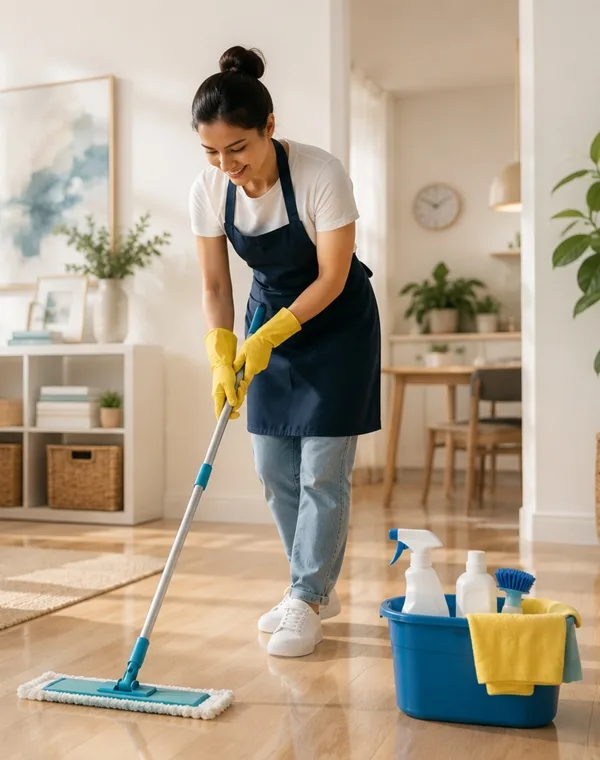 Professional house cleaner providing detailed home cleaning