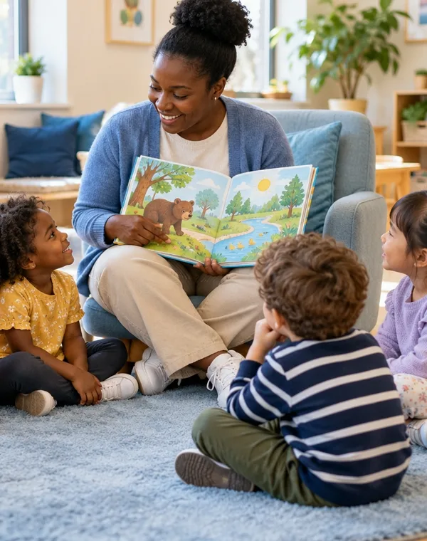 Professional daycare provider caring for young children in a safe learning environment.